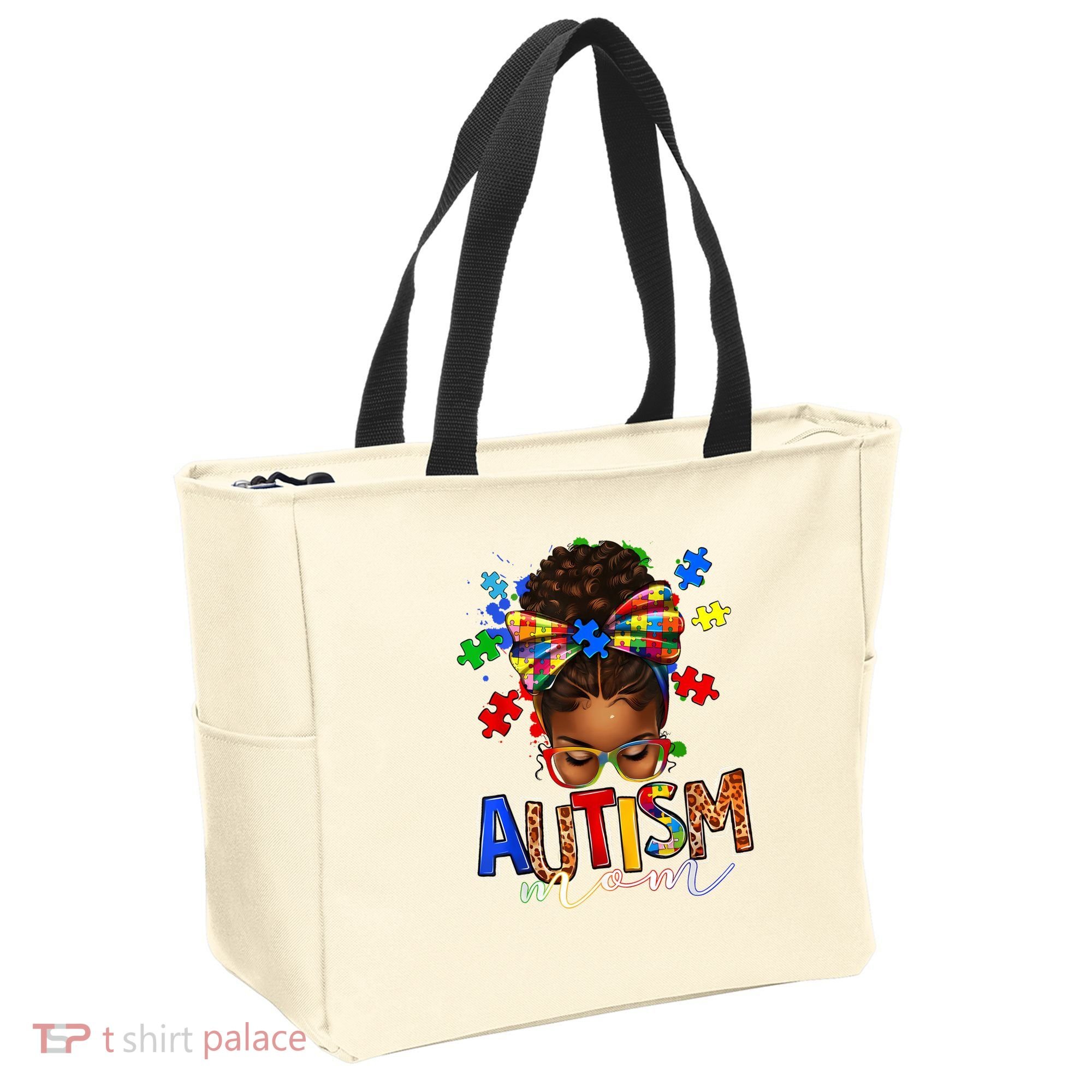 Autism Mom Messy Bun Black Women Autism Awareness Puzzle Tote Bag