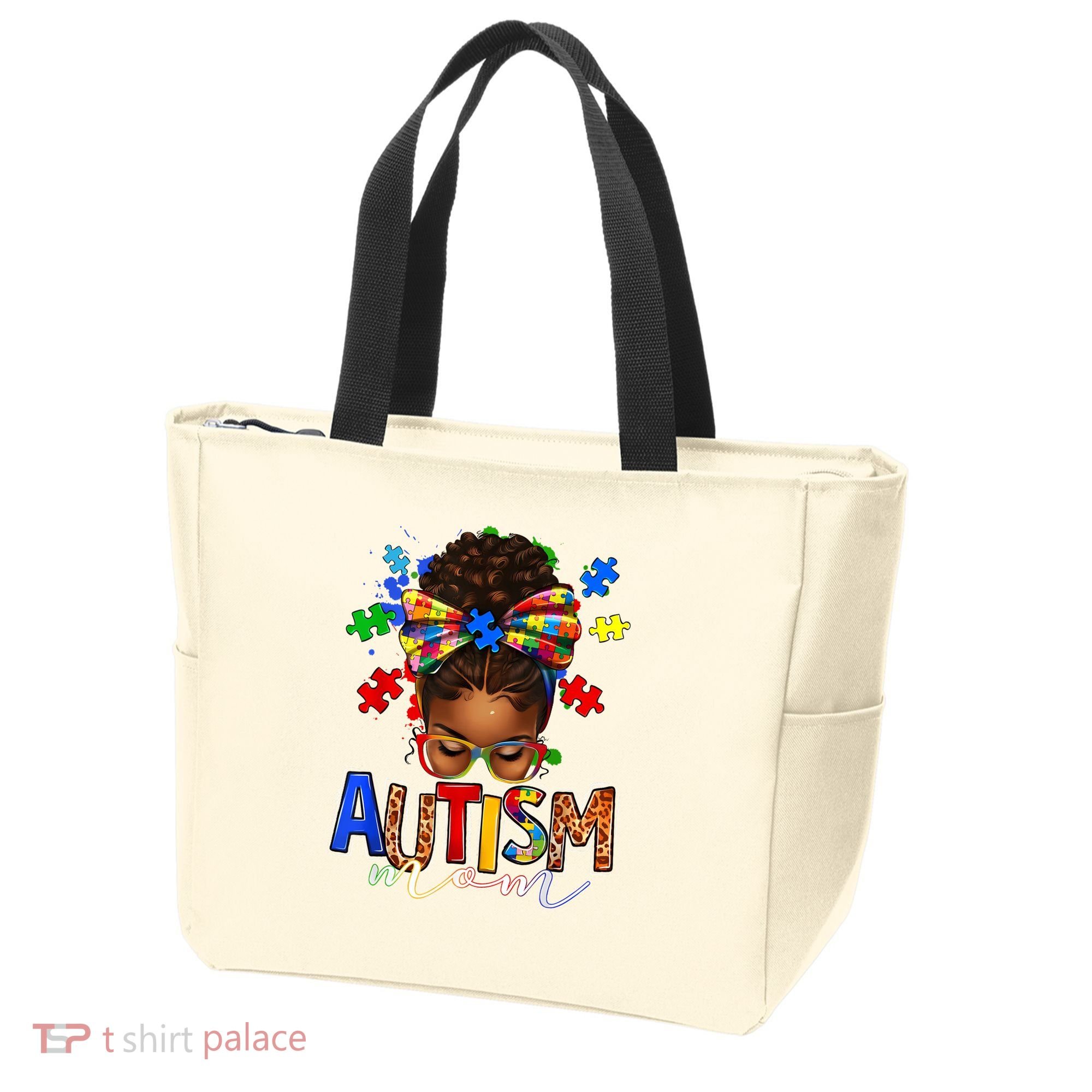 Autism Mom Messy Bun Black Women Autism Awareness Puzzle Tote Bag
