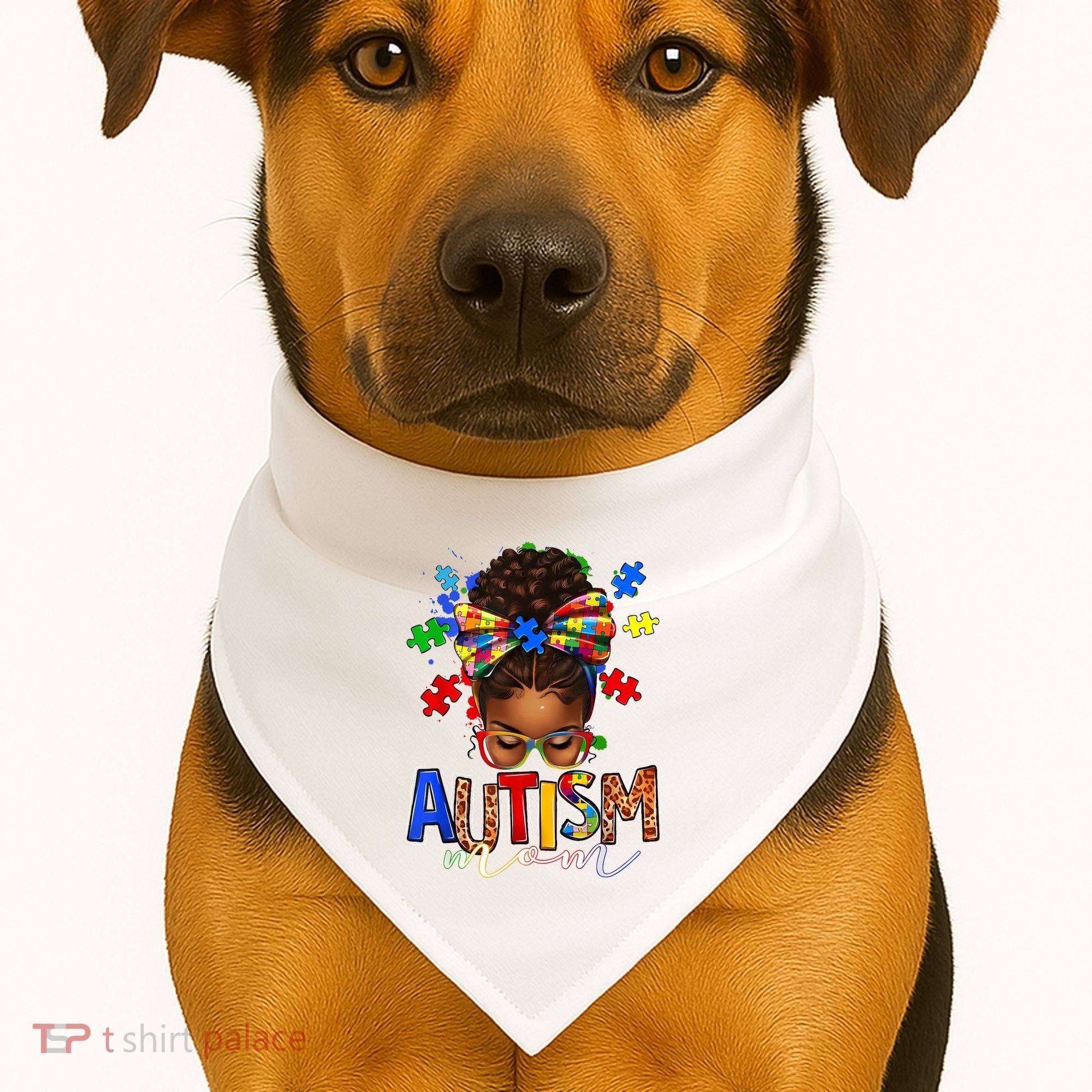 Autism Mom Messy Bun Black Women Autism Awareness Puzzle USA-Made Doggie Bandana