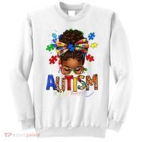 Autism Mom Messy Bun Black Women Autism Awareness Puzzle Sweatshirt thumb 0