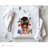 Autism Mom Messy Bun Black Women Autism Awareness Puzzle Sweatshirt thumb 2