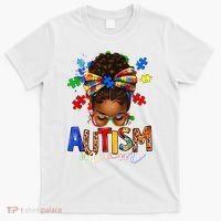 Autism Mom Messy Bun Black Women Autism Awareness Puzzle T-Shirt thumb 0