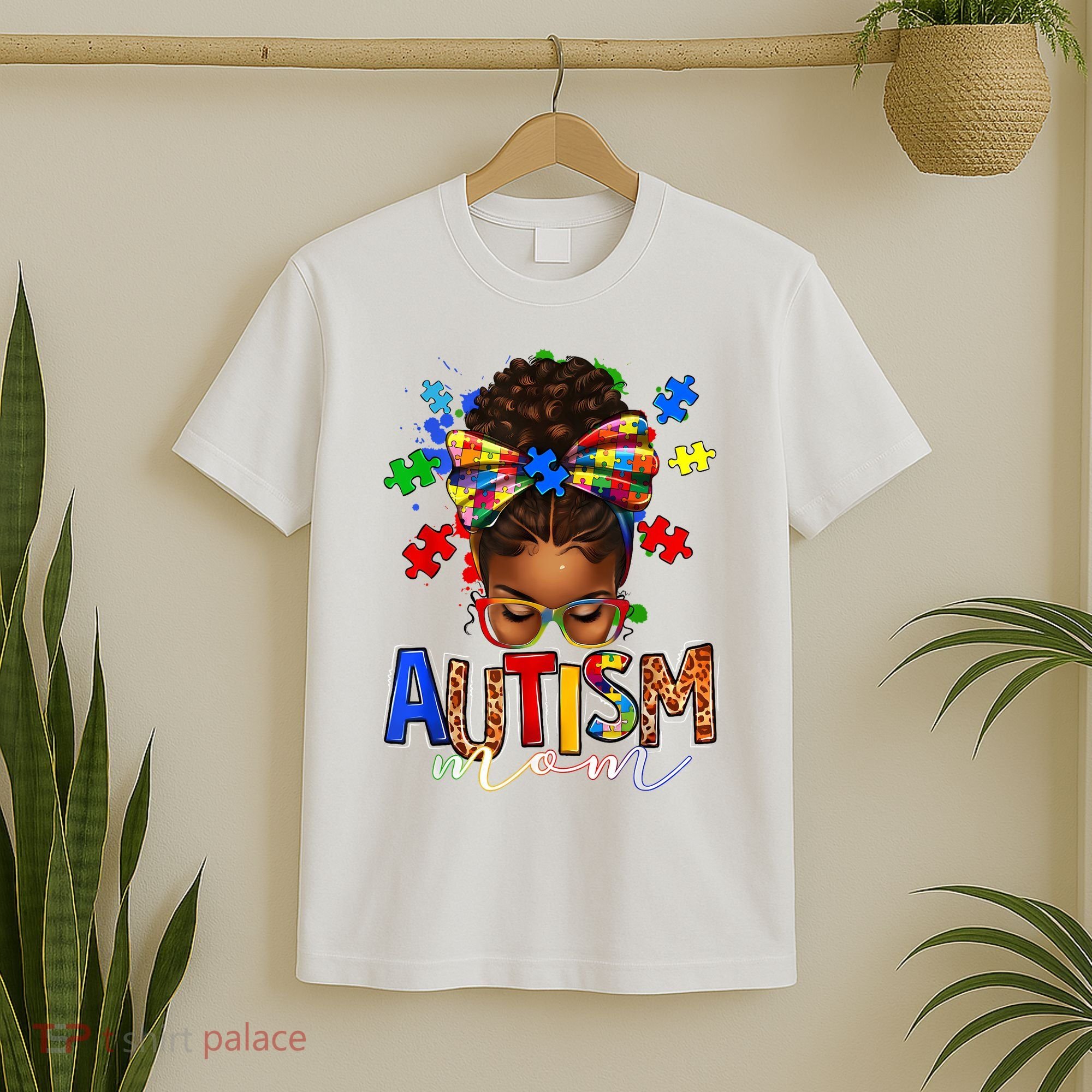 Autism Mom Messy Bun Black Women Autism Awareness Puzzle T-Shirt