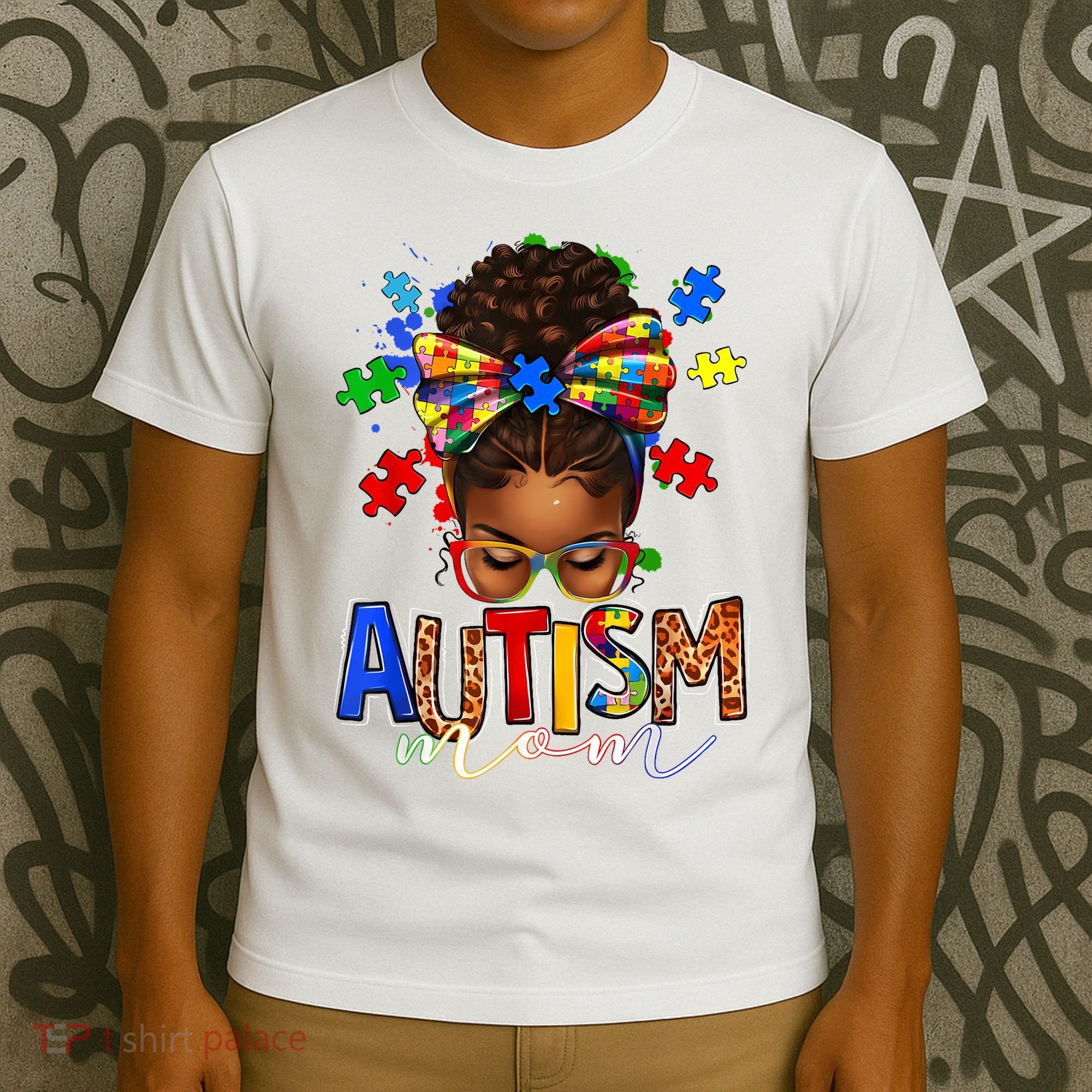 Autism Mom Messy Bun Black Women Autism Awareness Puzzle T-Shirt