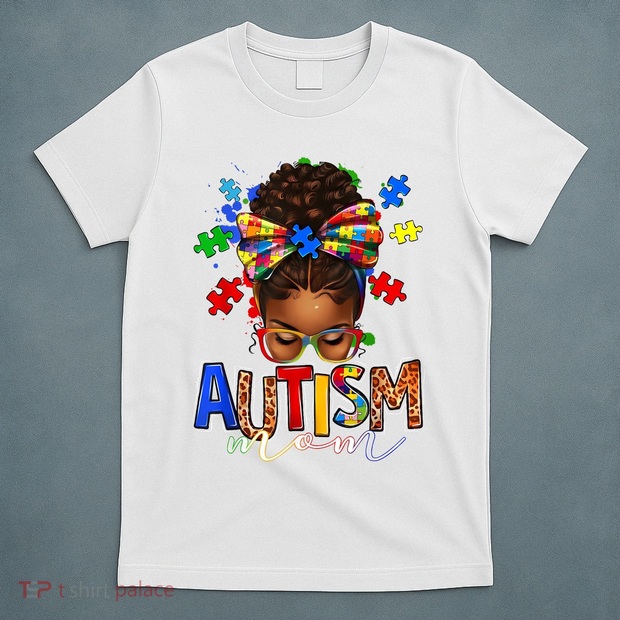 Autism Mom Messy Bun Black Women Autism Awareness Puzzle T-Shirt