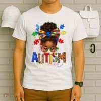 Autism Mom Messy Bun Black Women Autism Awareness Puzzle T-Shirt thumb 6