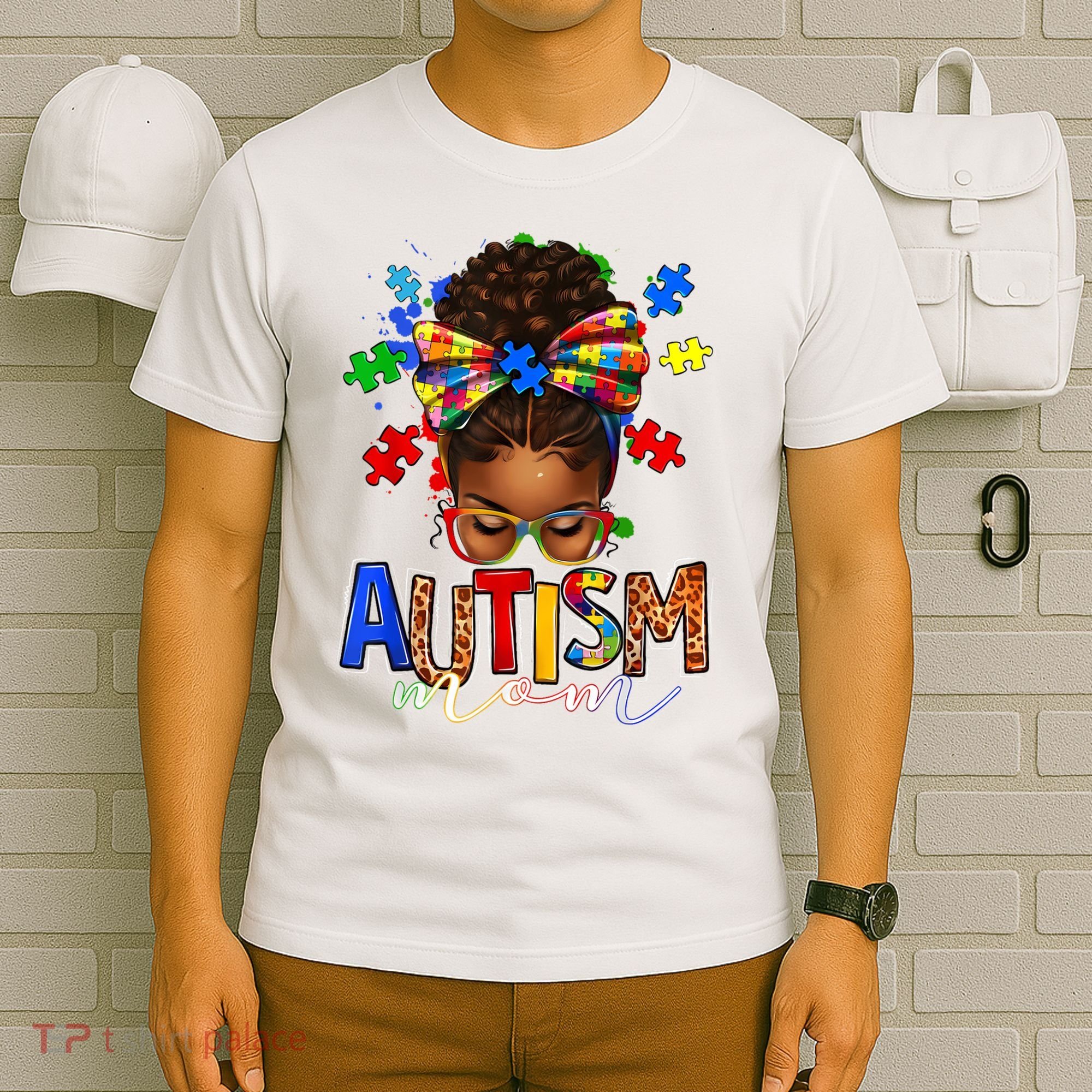 Autism Mom Messy Bun Black Women Autism Awareness Puzzle T-Shirt