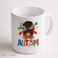 Autism Mom Messy Bun Black Women Autism Awareness Puzzle Coffee Mug thumb 1