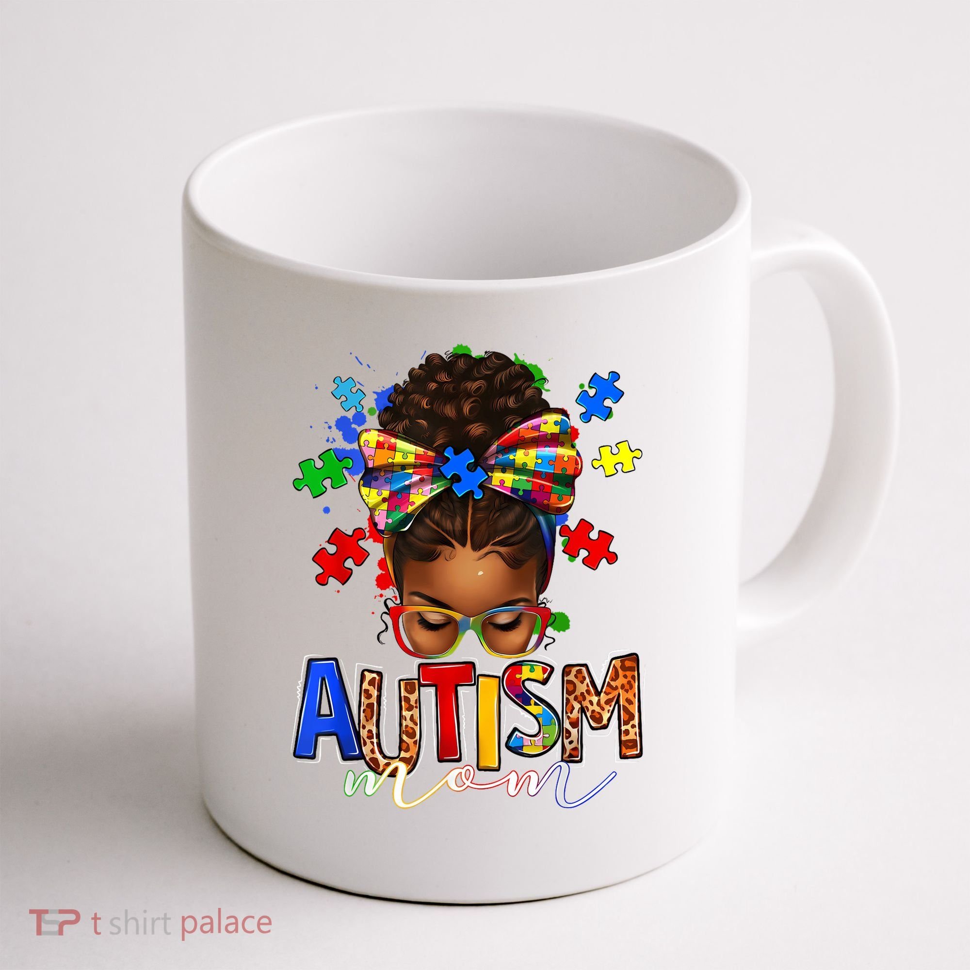 Autism Mom Messy Bun Black Women Autism Awareness Puzzle Coffee Mug