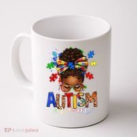 Autism Mom Messy Bun Black Women Autism Awareness Puzzle Coffee Mug thumb 0