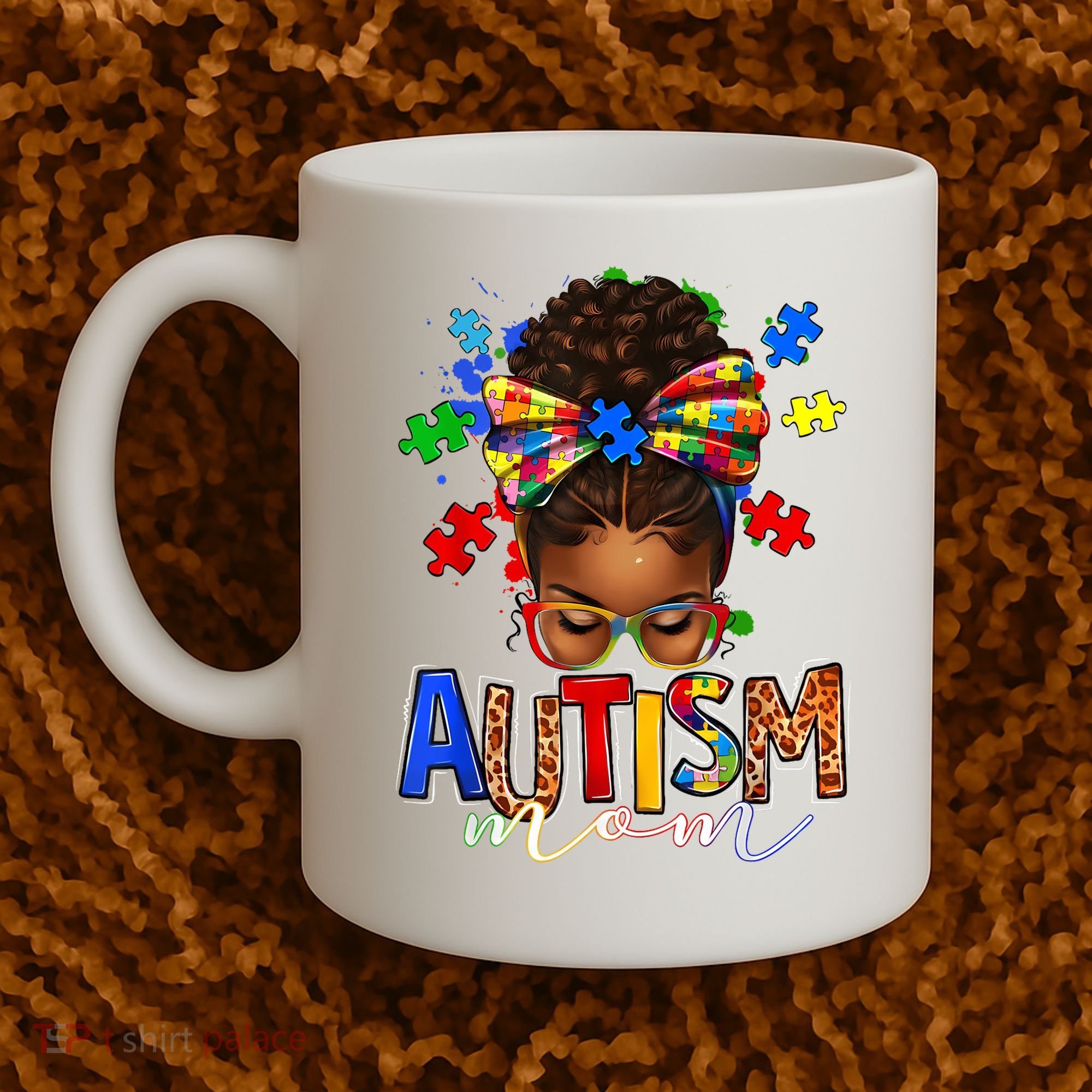 Autism Mom Messy Bun Black Women Autism Awareness Puzzle Coffee Mug