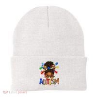 Autism Mom Messy Bun Black Women Autism Awareness Puzzle Beanie thumb 0