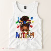 Autism Mom Messy Bun Black Women Autism Awareness Puzzle Tank Top thumb 2