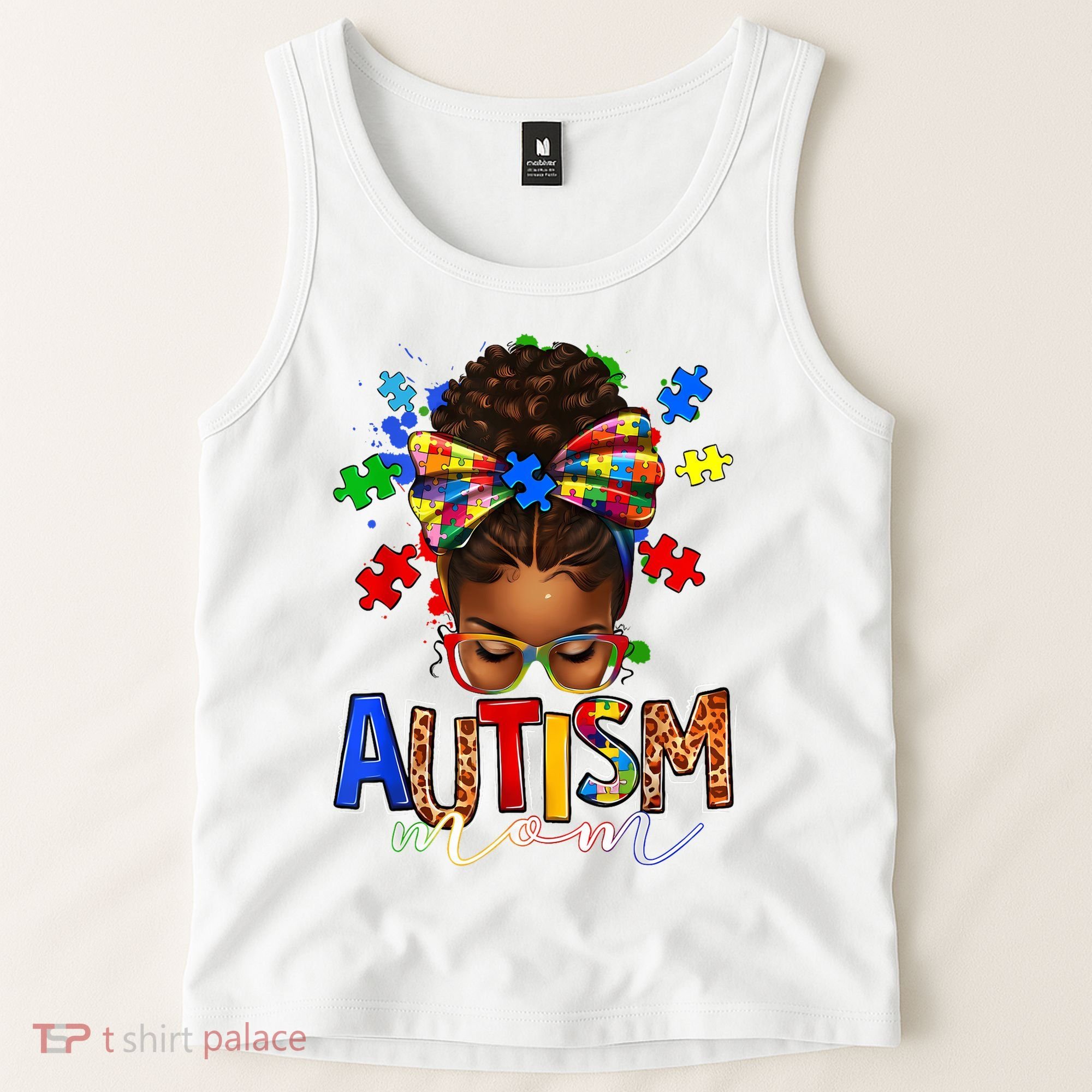 Autism Mom Messy Bun Black Women Autism Awareness Puzzle Tank Top