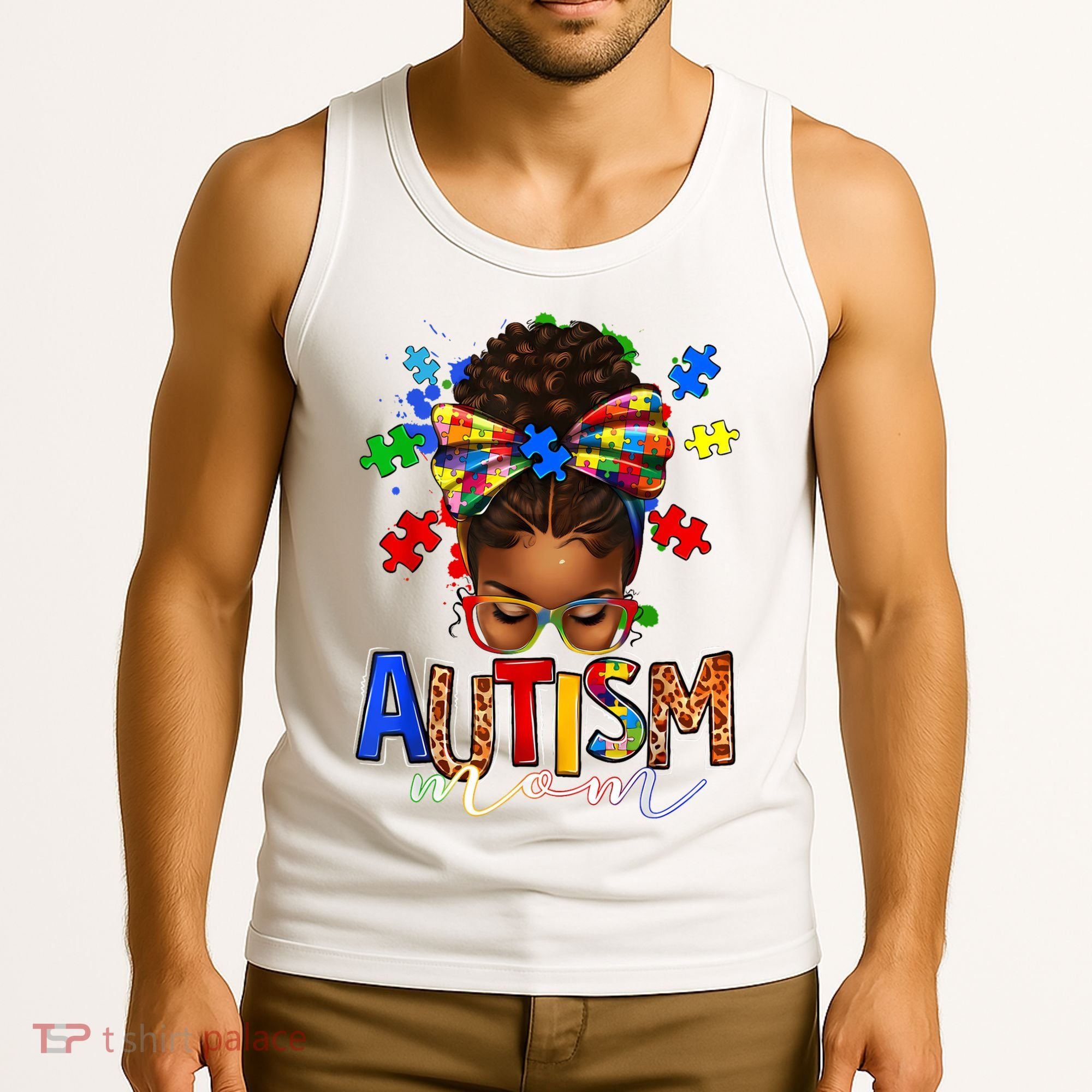 Autism Mom Messy Bun Black Women Autism Awareness Puzzle Tank Top