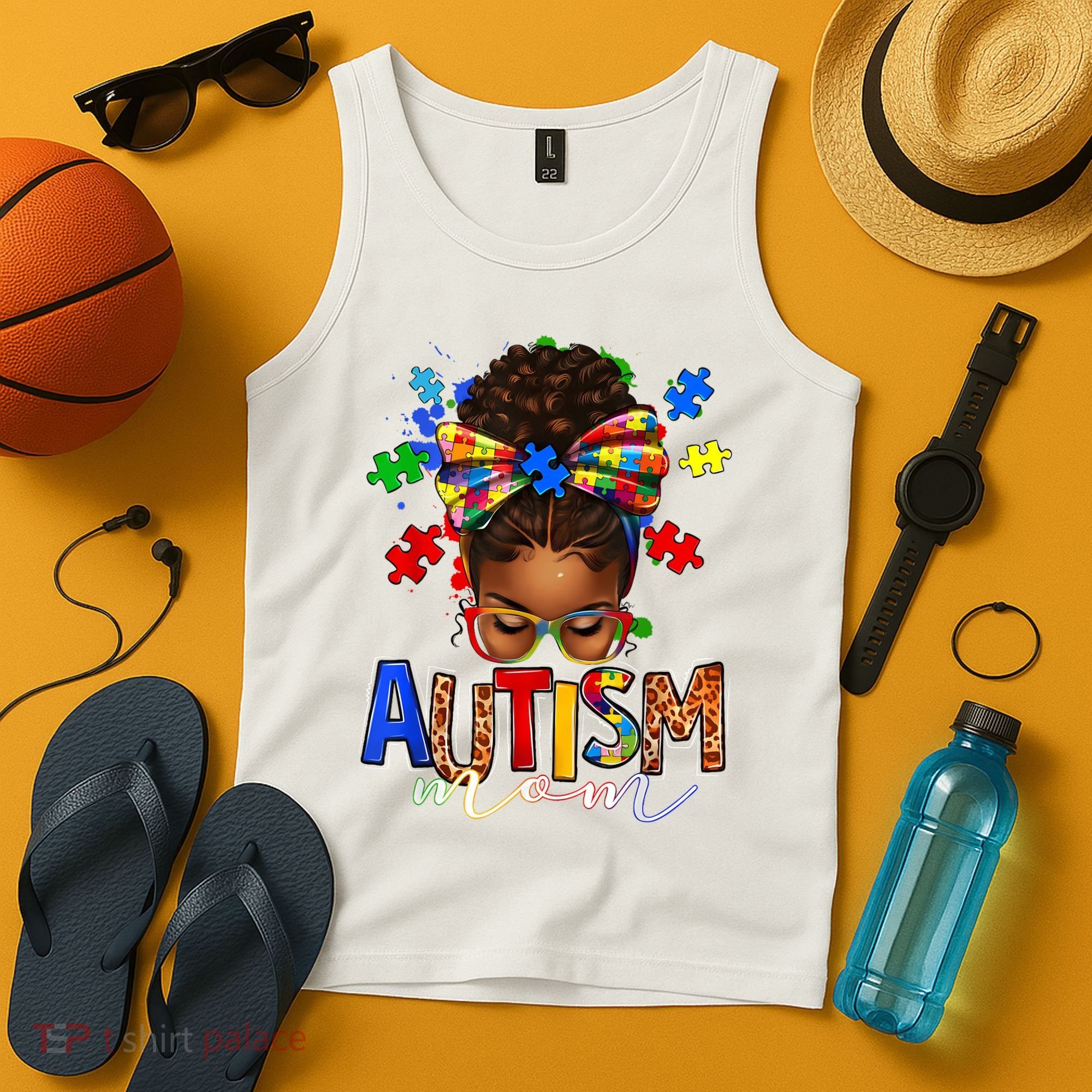 Autism Mom Messy Bun Black Women Autism Awareness Puzzle Tank Top