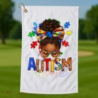 Autism Mom Messy Bun Black Women Autism Awareness Puzzle Golf Towel thumb 1
