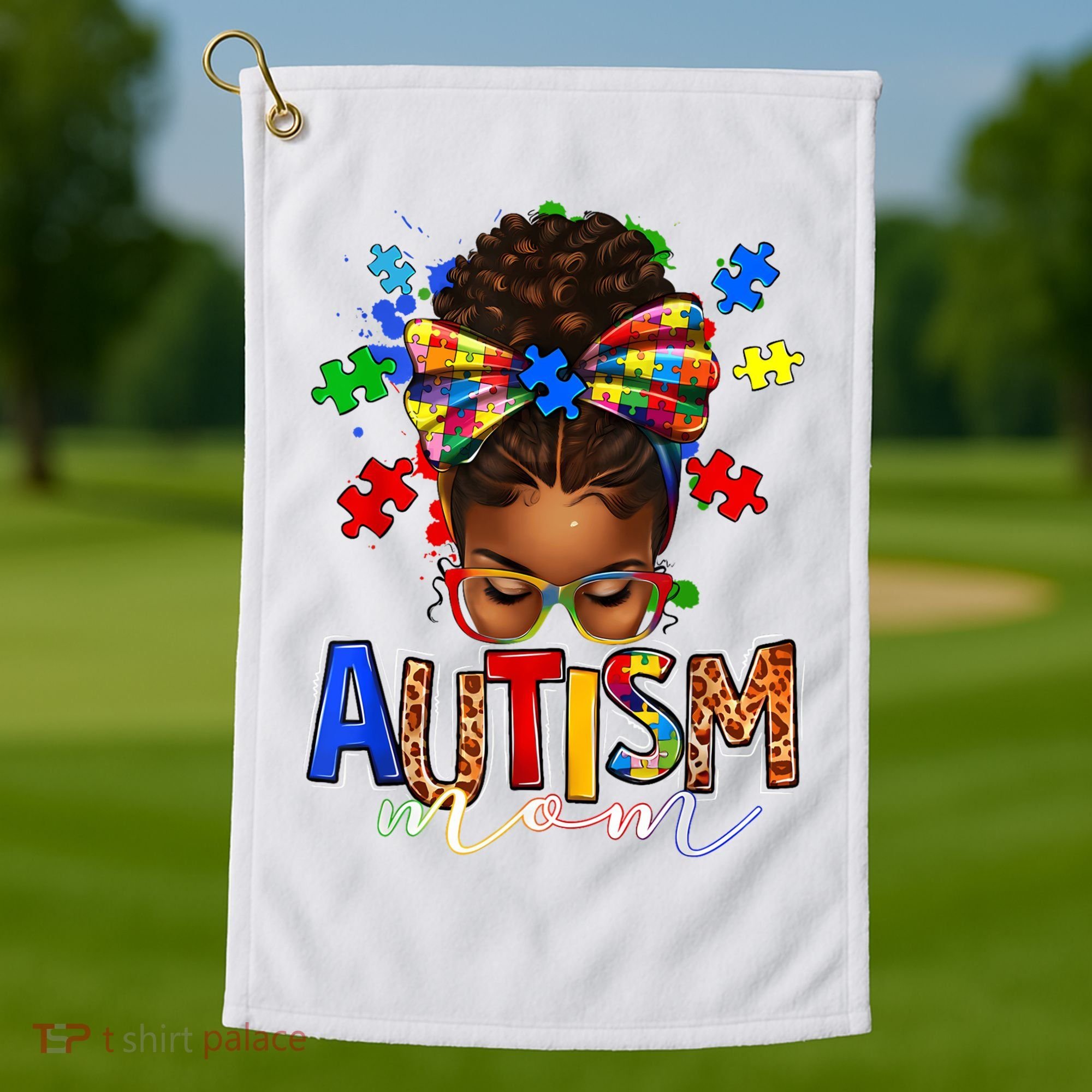 Autism Mom Messy Bun Black Women Autism Awareness Puzzle Golf Towel