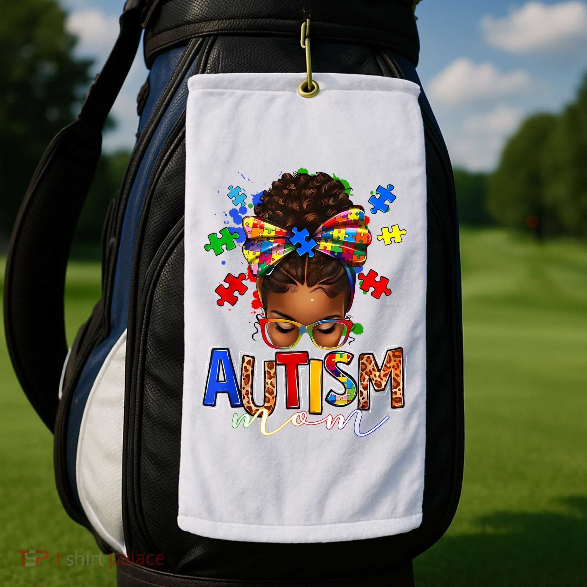 Autism Mom Messy Bun Black Women Autism Awareness Puzzle Golf Towel