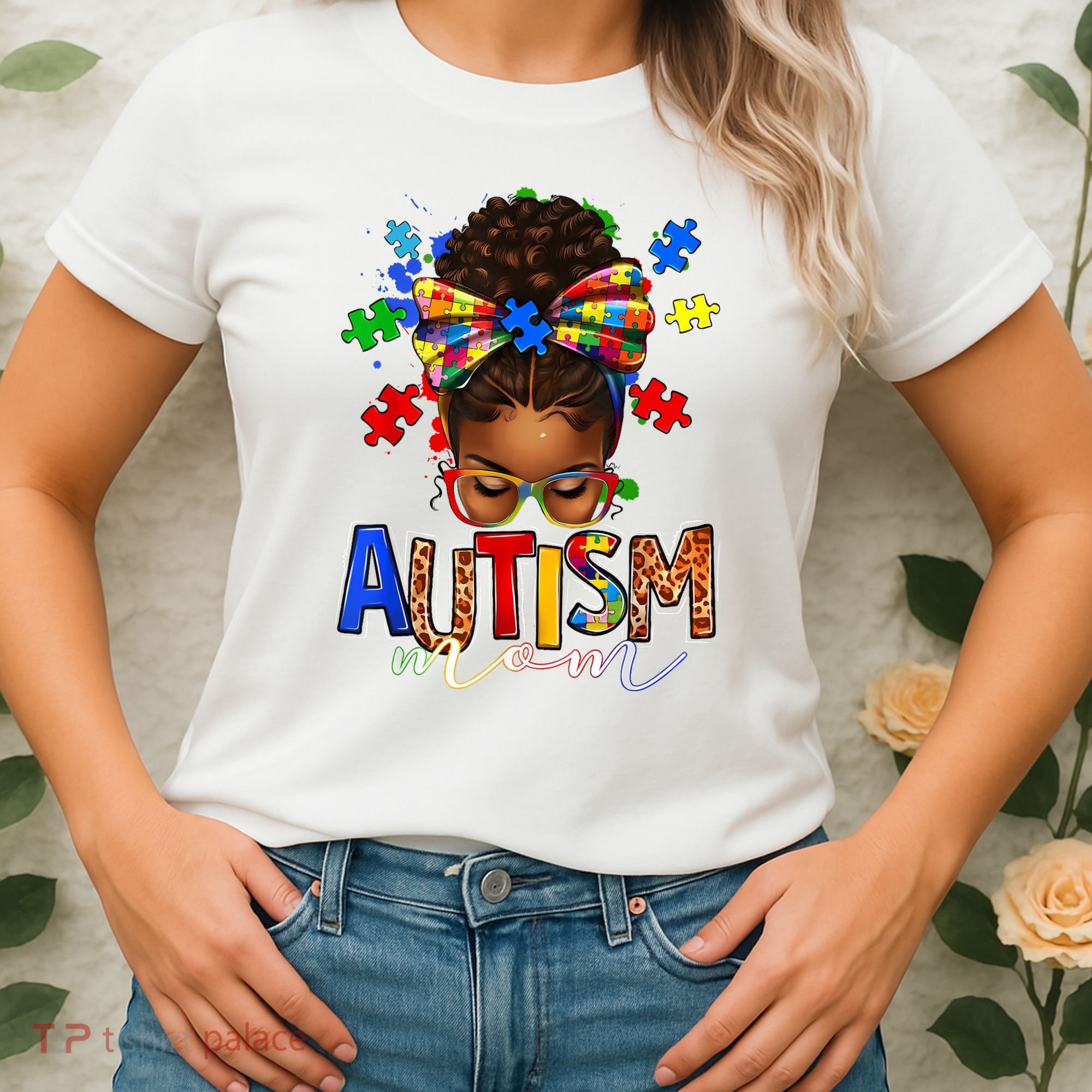 Autism Mom Messy Bun Black Women Autism Awareness Puzzle Women's T-Shirt