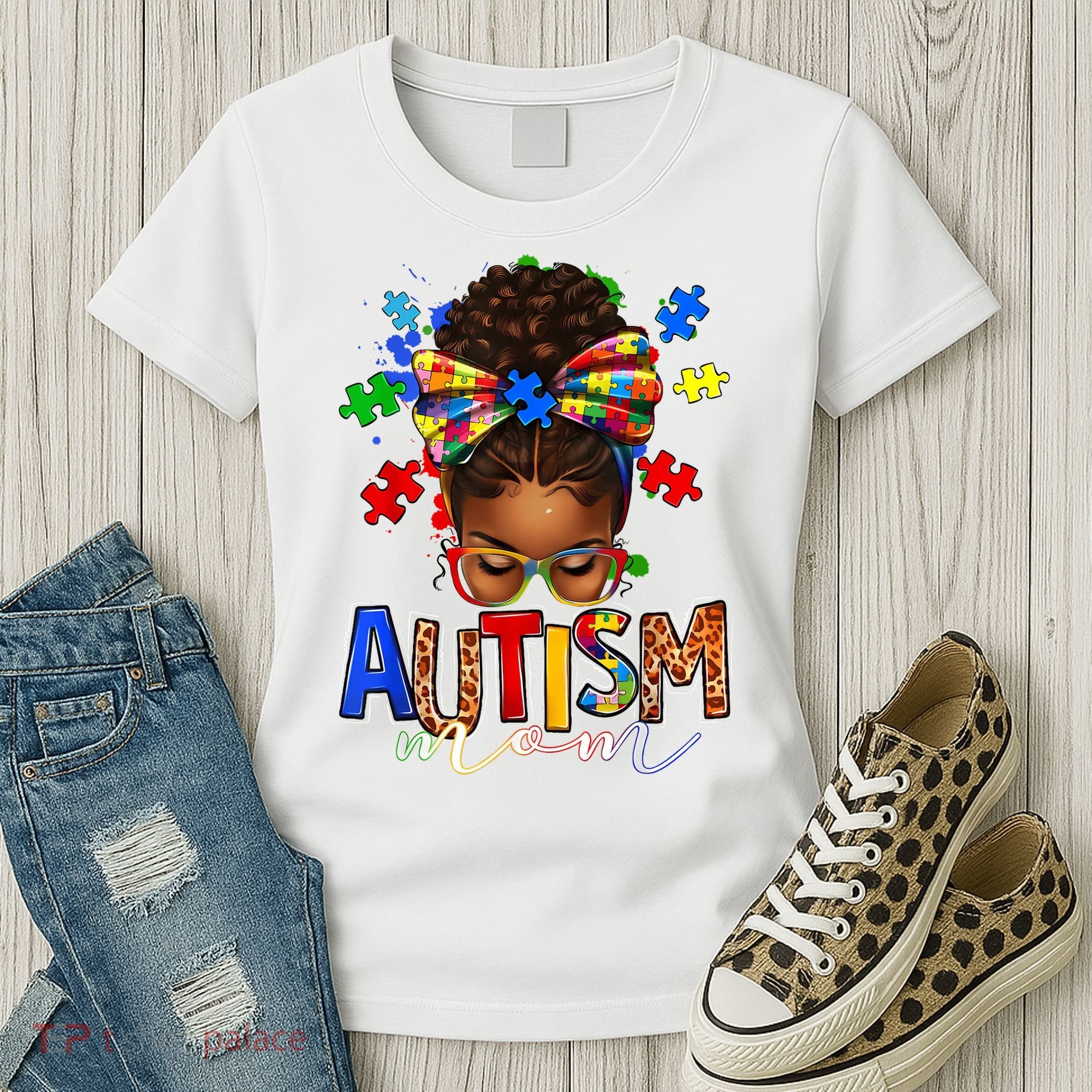 Autism Mom Messy Bun Black Women Autism Awareness Puzzle Women's T-Shirt