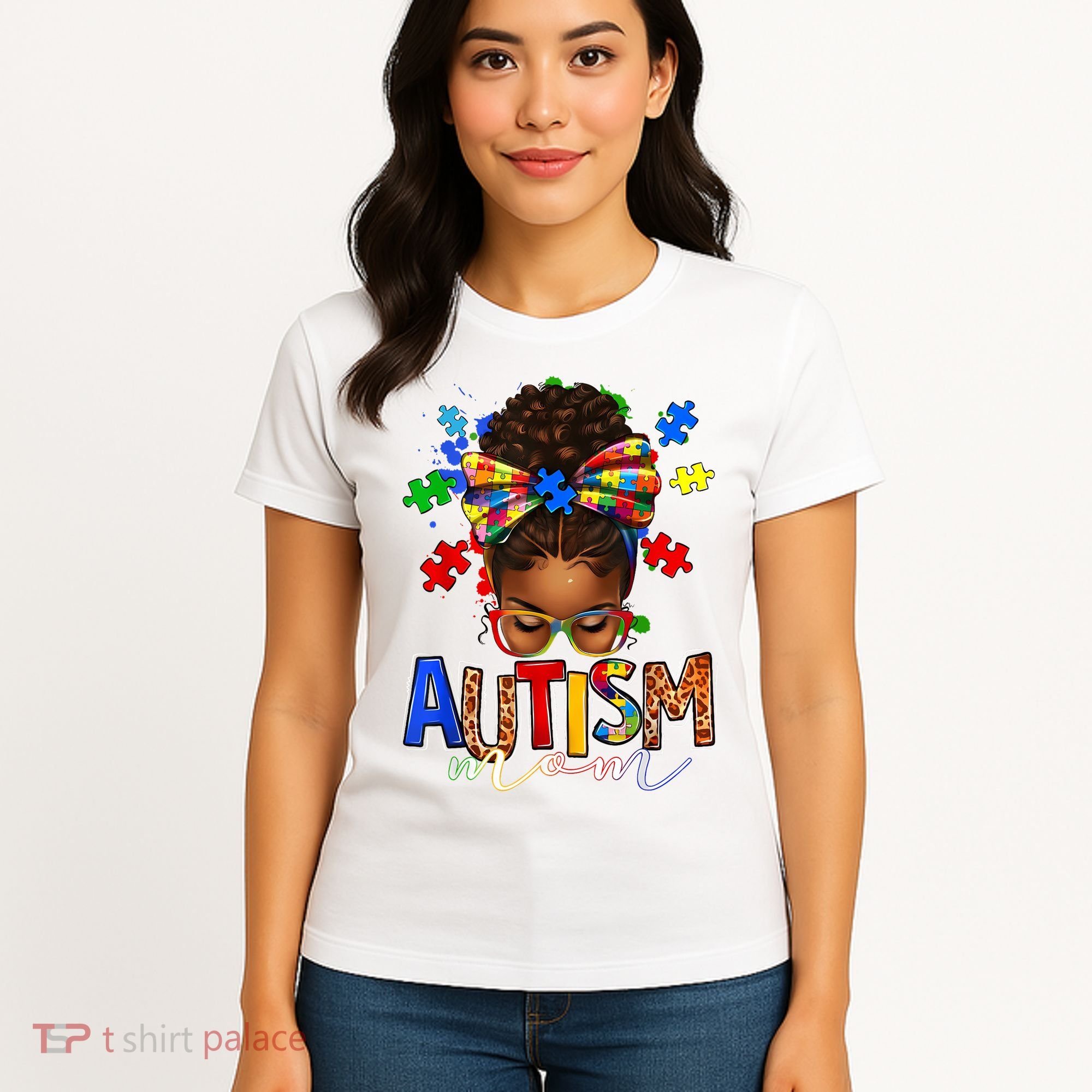 Autism Mom Messy Bun Black Women Autism Awareness Puzzle Women's T-Shirt