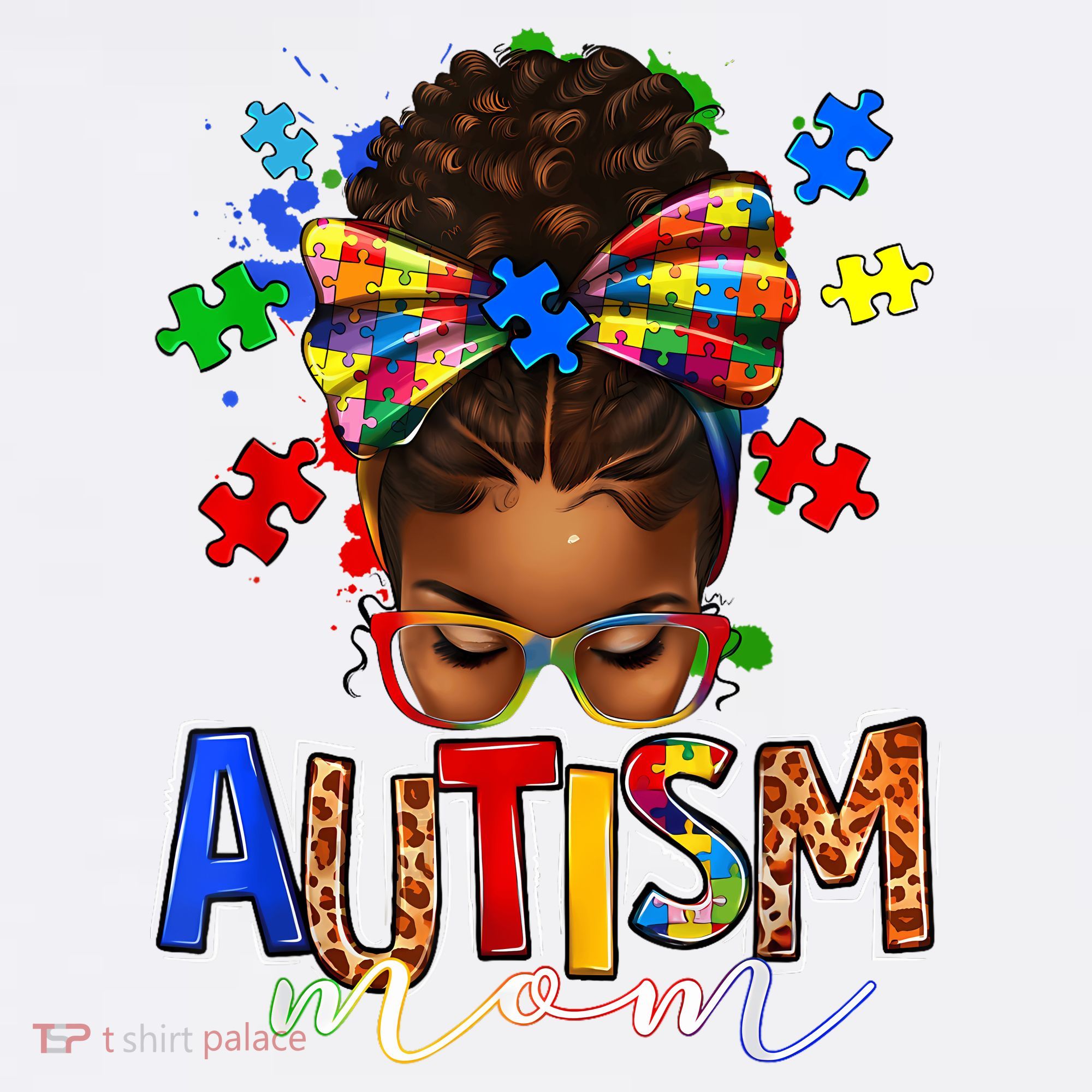 Autism Mom Messy Bun Black Women Autism Awareness Puzzle Women's T-Shirt