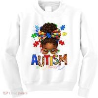 Autism Mom Messy Bun Black Women Autism Awareness Puzzle Kids Sweatshirt thumb 0