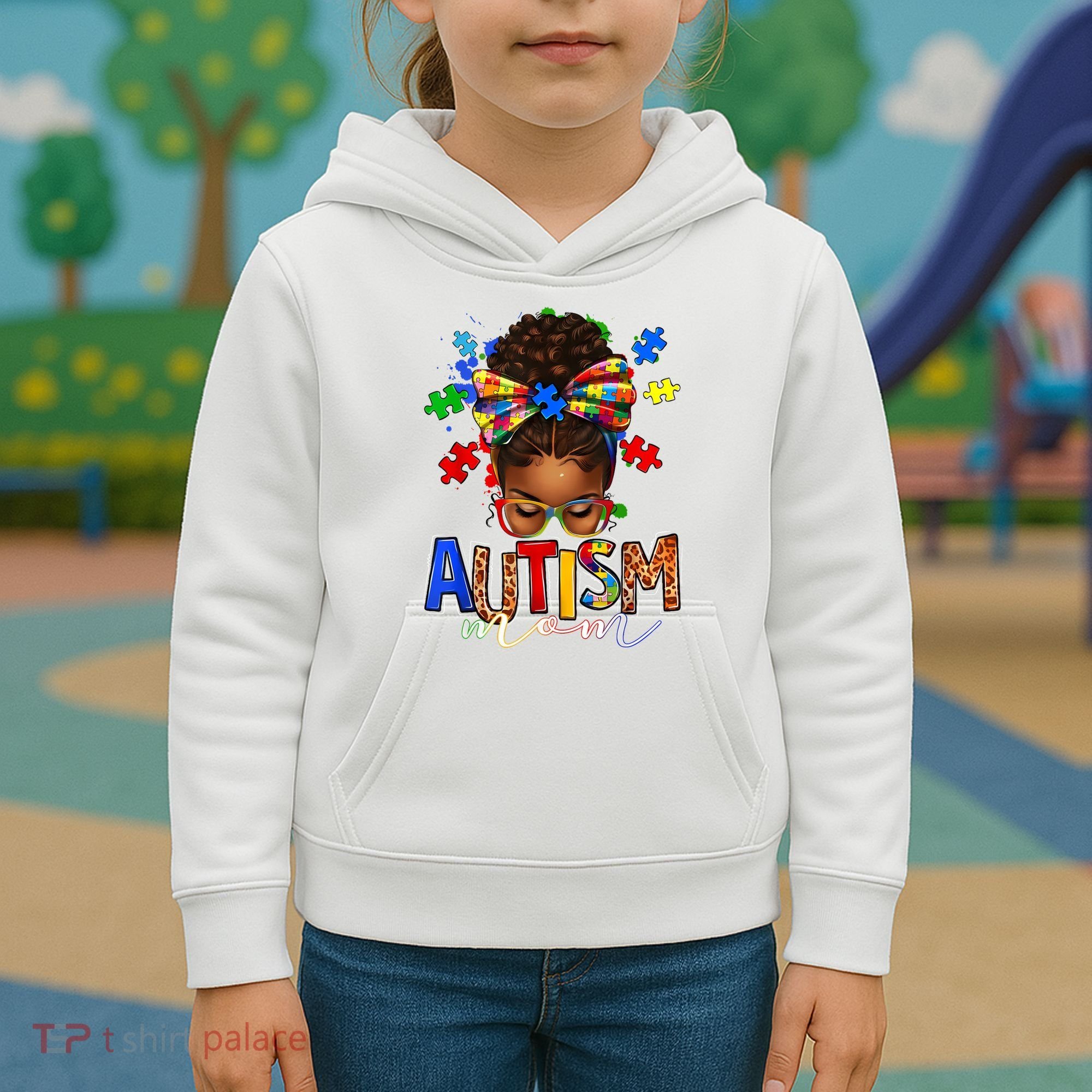 Autism Mom Messy Bun Black Women Autism Awareness Puzzle Kids Hoodie