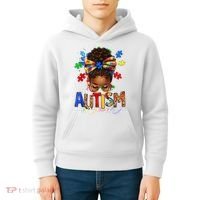 Autism Mom Messy Bun Black Women Autism Awareness Puzzle Kids Hoodie thumb 4
