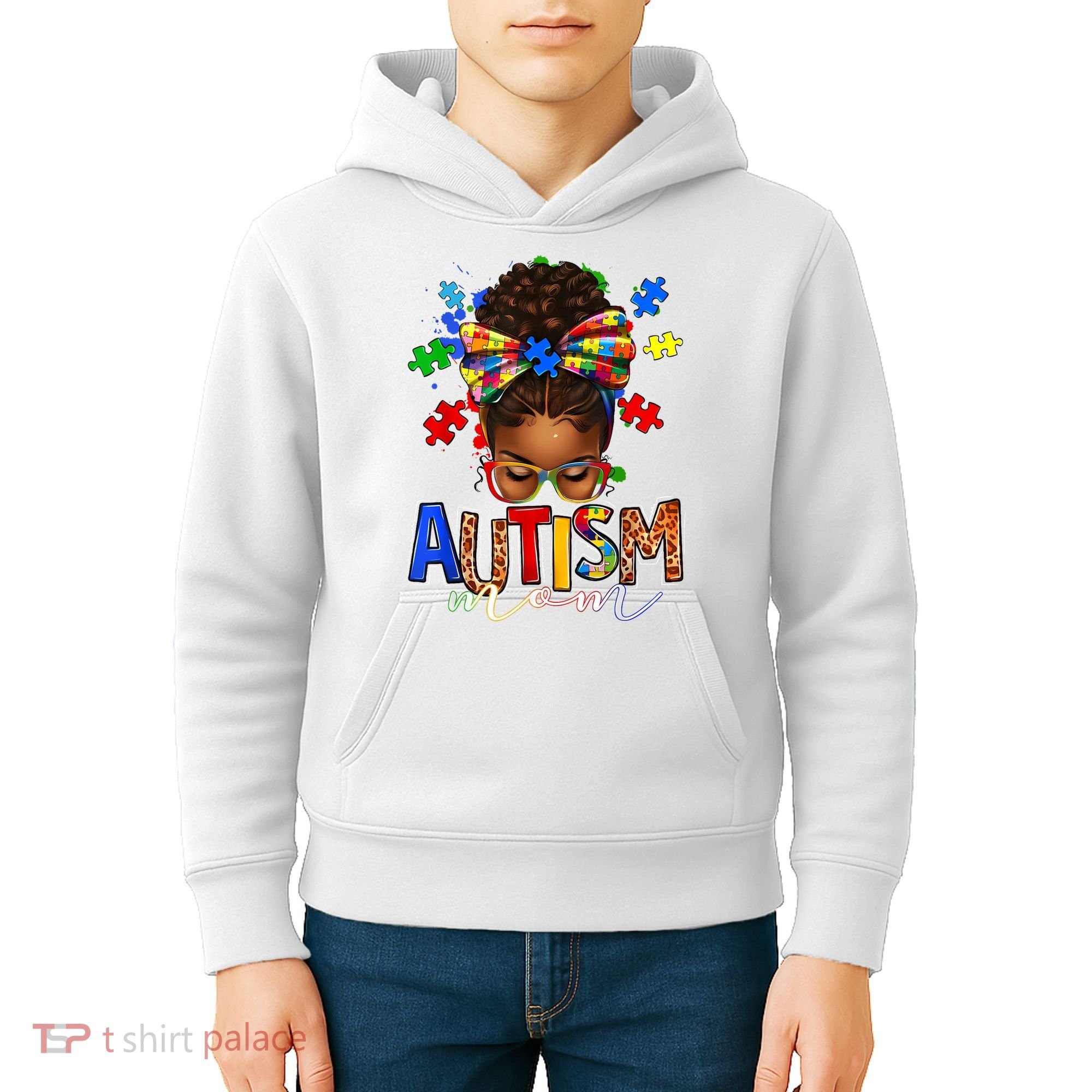 Autism Mom Messy Bun Black Women Autism Awareness Puzzle Kids Hoodie