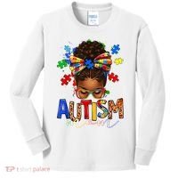 Autism Mom Messy Bun Black Women Autism Awareness Puzzle Kids Long Sleeve Shirt thumb 0