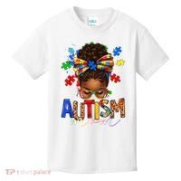 Autism Mom Messy Bun Black Women Autism Awareness Puzzle Kids T-Shirt thumb 0