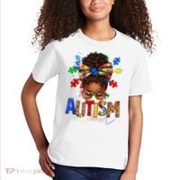 Autism Mom Messy Bun Black Women Autism Awareness Puzzle Kids T-Shirt thumb 2