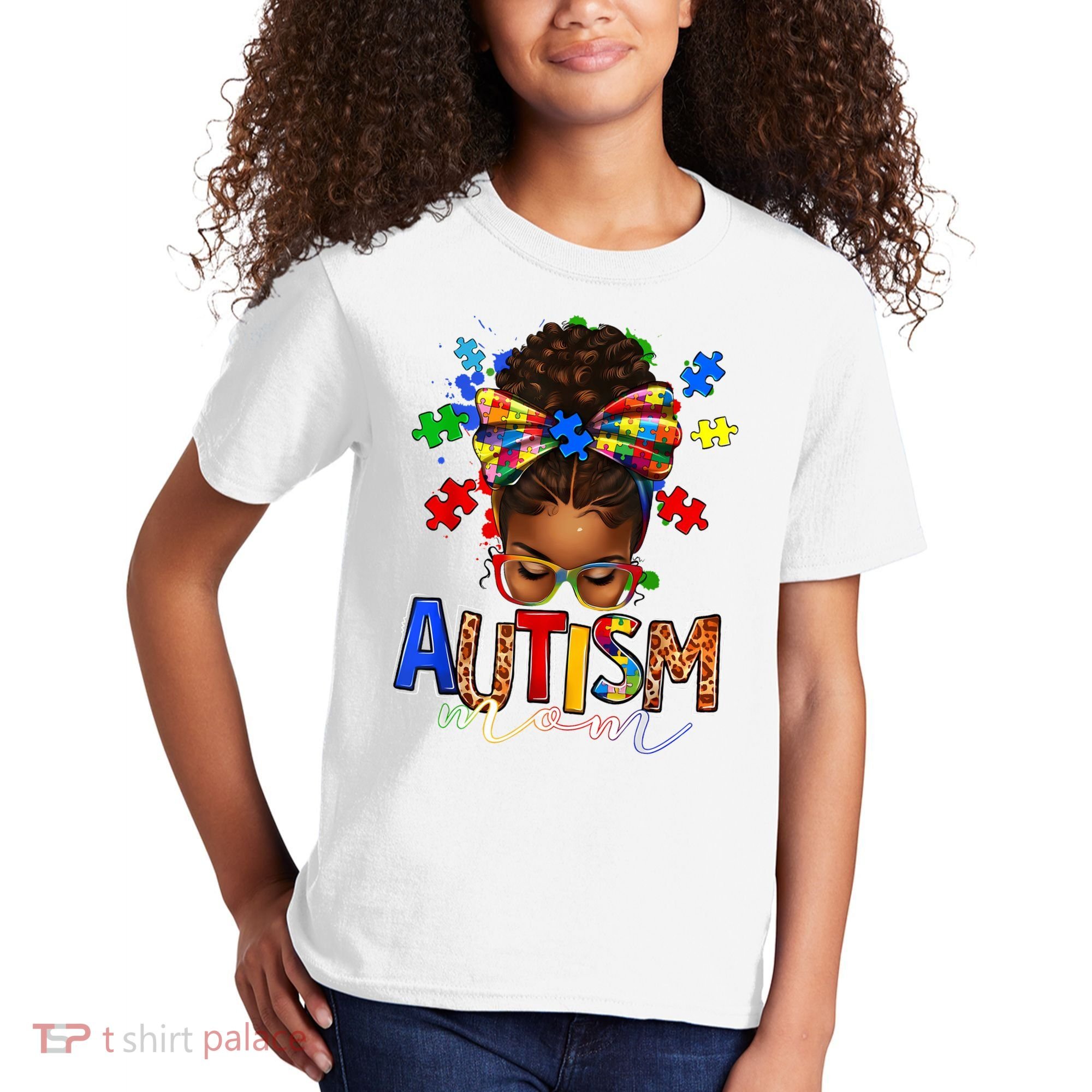 Autism Mom Messy Bun Black Women Autism Awareness Puzzle Kids T-Shirt