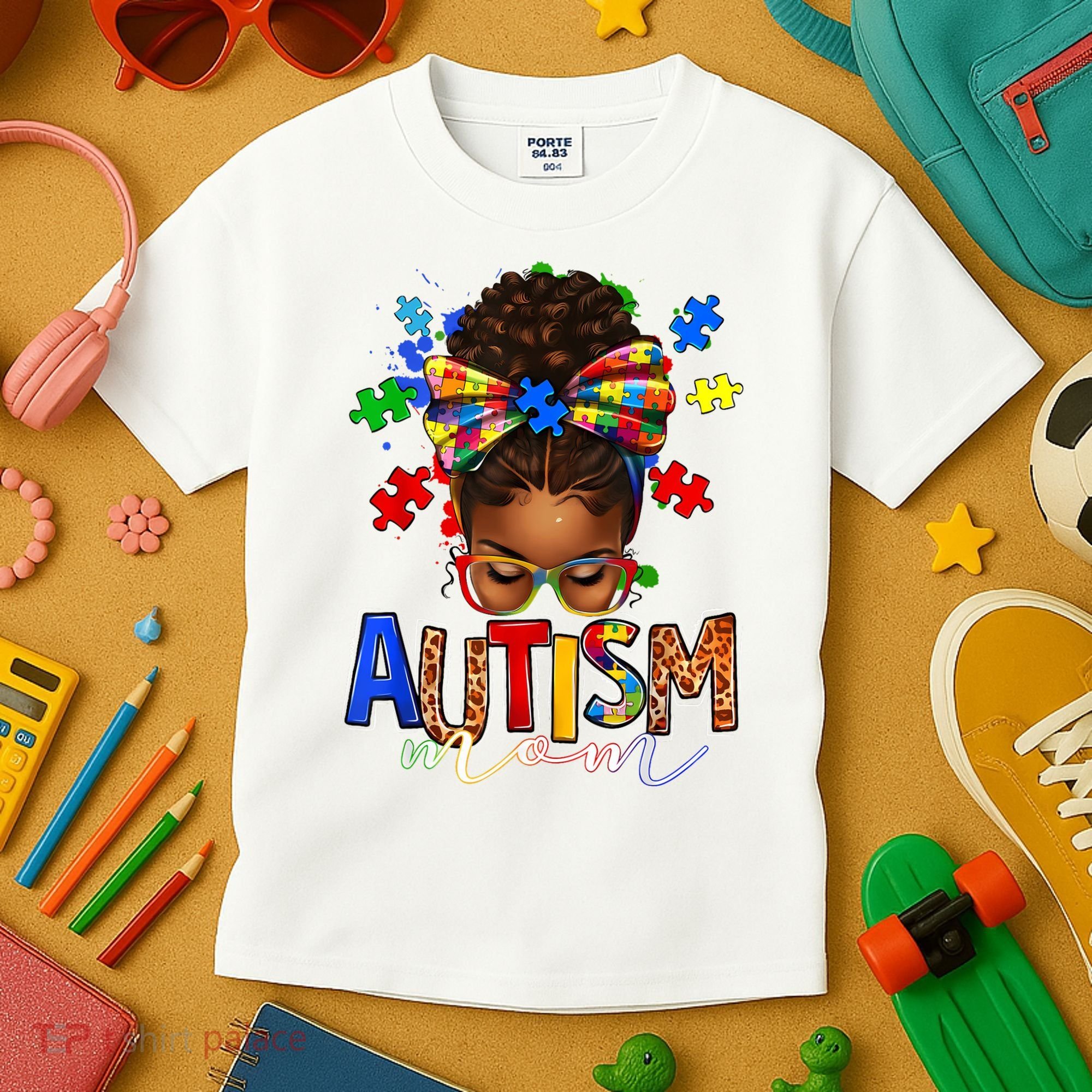 Autism Mom Messy Bun Black Women Autism Awareness Puzzle Kids T-Shirt