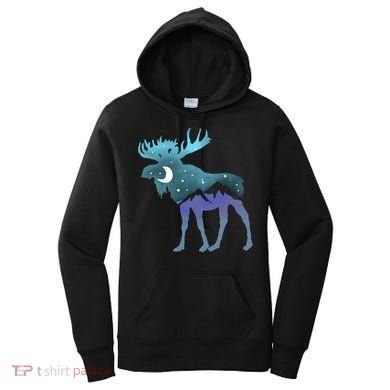Artistic Moose Night Sky Moon And Stars Retro Graphic Cute Gift Women's Hoodie