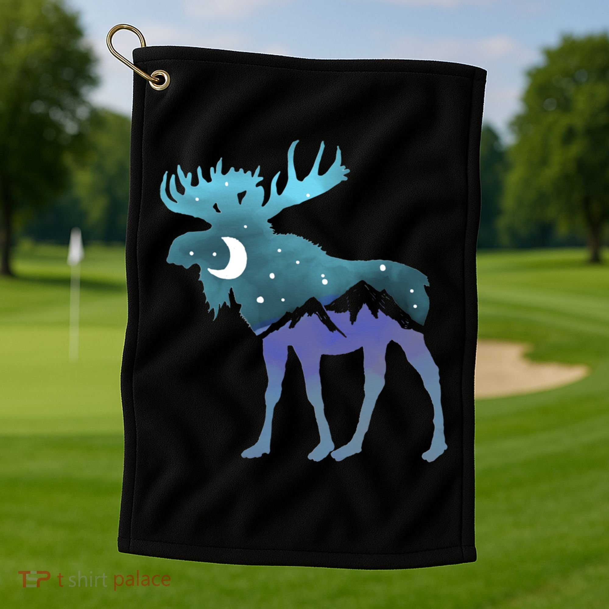 Artistic Moose Night Sky Moon And Stars Retro Graphic Cute Gift Golf Towel