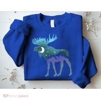 Artistic Moose Night Sky Moon And Stars Retro Graphic Cute Gift Sweatshirt thumb 2