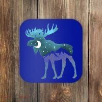 Artistic Moose Night Sky Moon And Stars Retro Graphic Cute Gift Coaster thumb 0