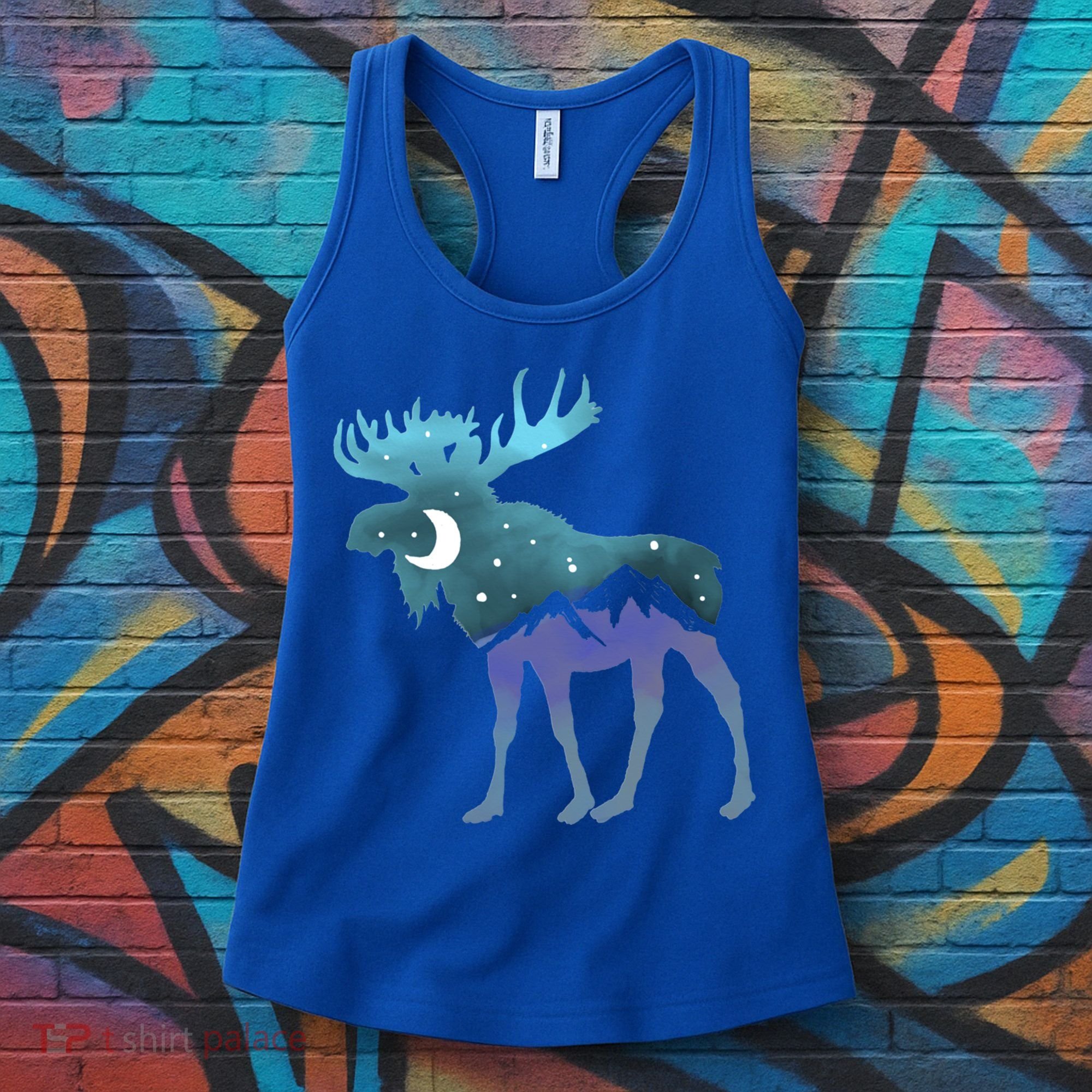 Artistic Moose Night Sky Moon And Stars Retro Graphic Cute Gift Women's Tank Top