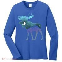 Artistic Moose Night Sky Moon And Stars Retro Graphic Cute Gift Women's Long Sleeve Shirt thumb 0