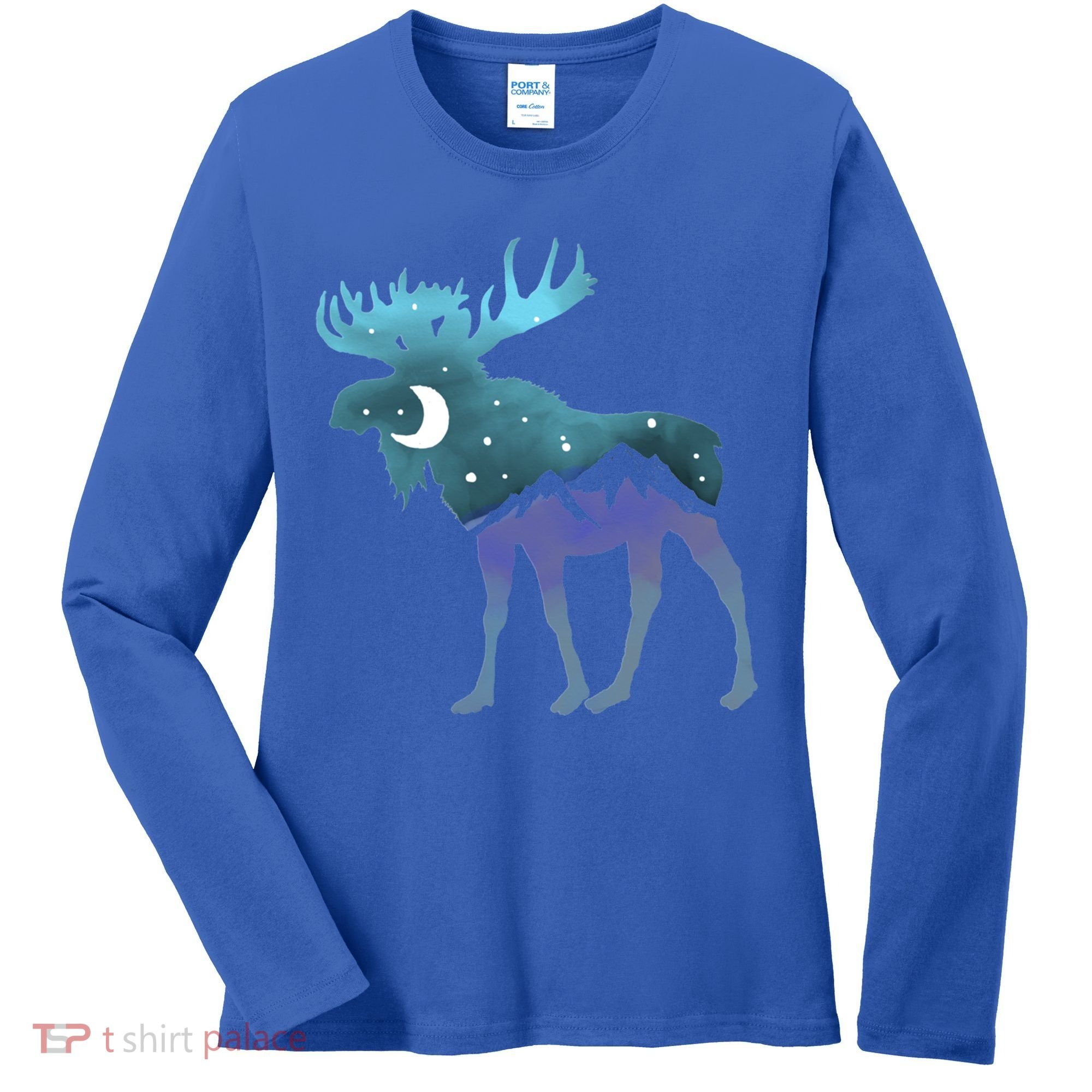 Artistic Moose Night Sky Moon And Stars Retro Graphic Cute Gift Women's Long Sleeve Shirt