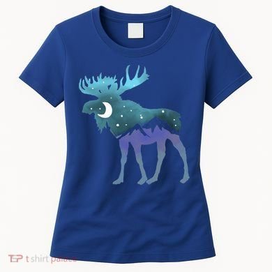 Artistic Moose Night Sky Moon And Stars Retro Graphic Cute Gift Women's T-Shirt