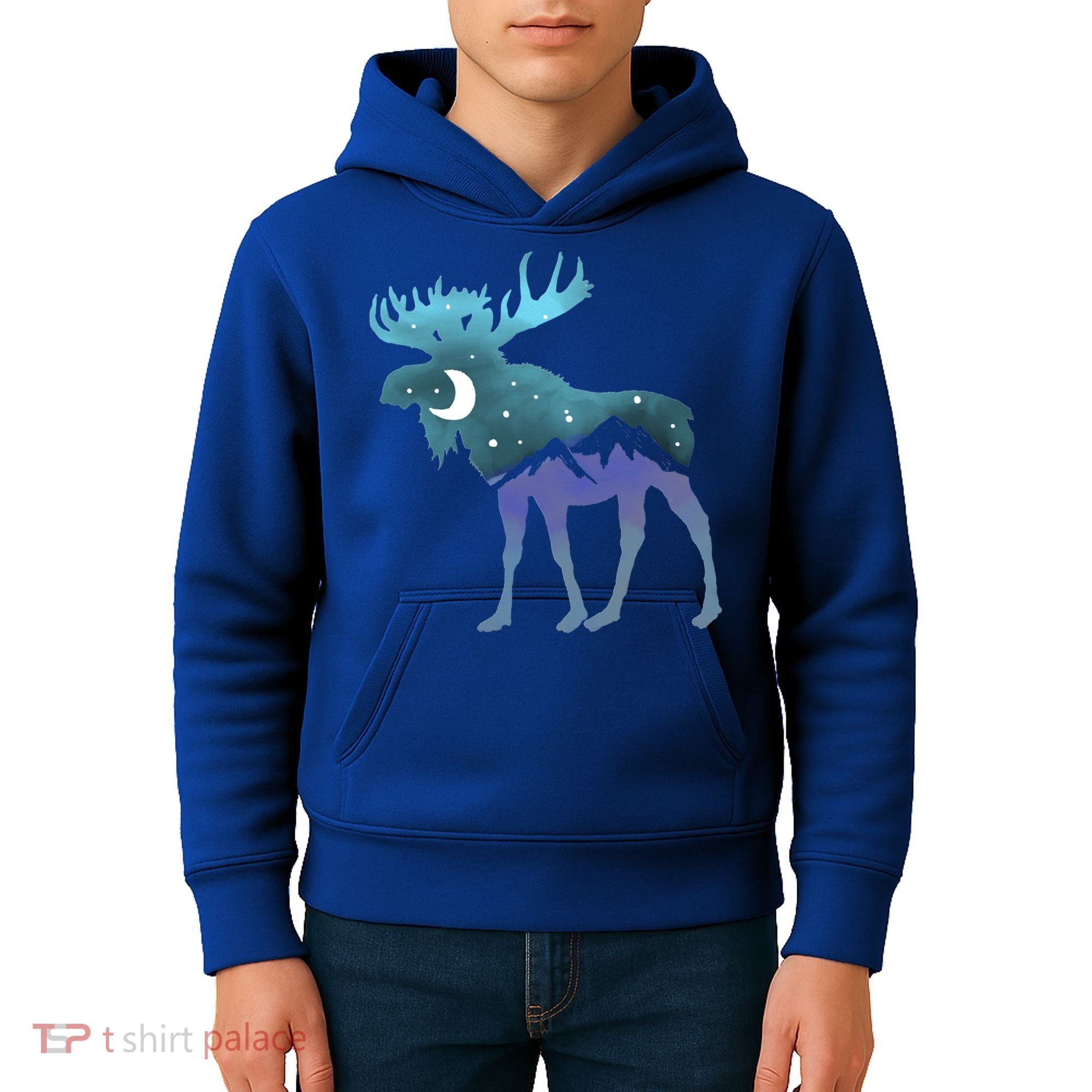 Artistic Moose Night Sky Moon And Stars Retro Graphic Cute Gift Kids Hoodie