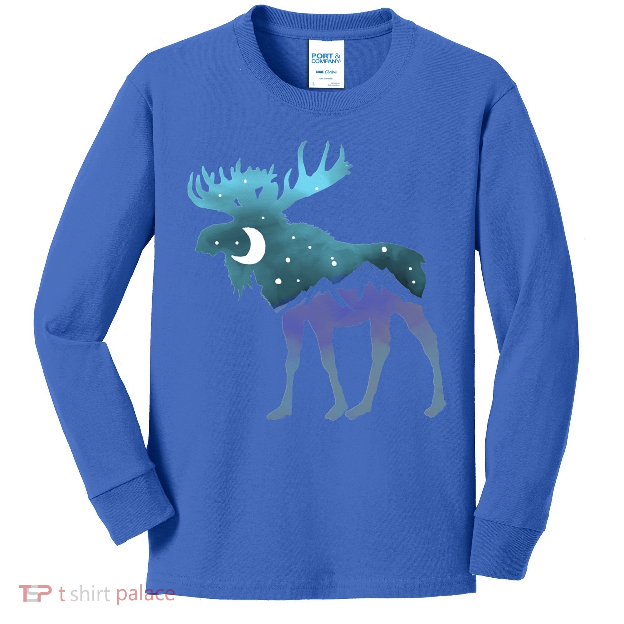 Artistic Moose Night Sky Moon And Stars Retro Graphic Cute Gift Kids Long Sleeve Shirt