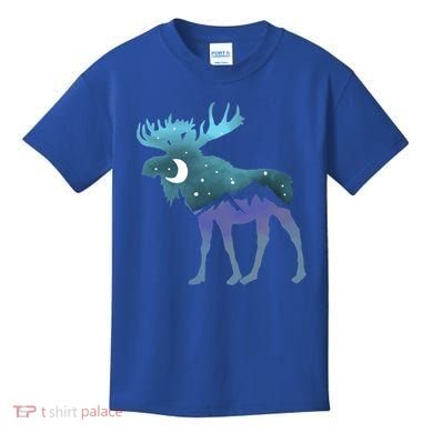 Artistic Moose Night Sky Moon And Stars Retro Graphic Cute Gift Kids T-Shirt
