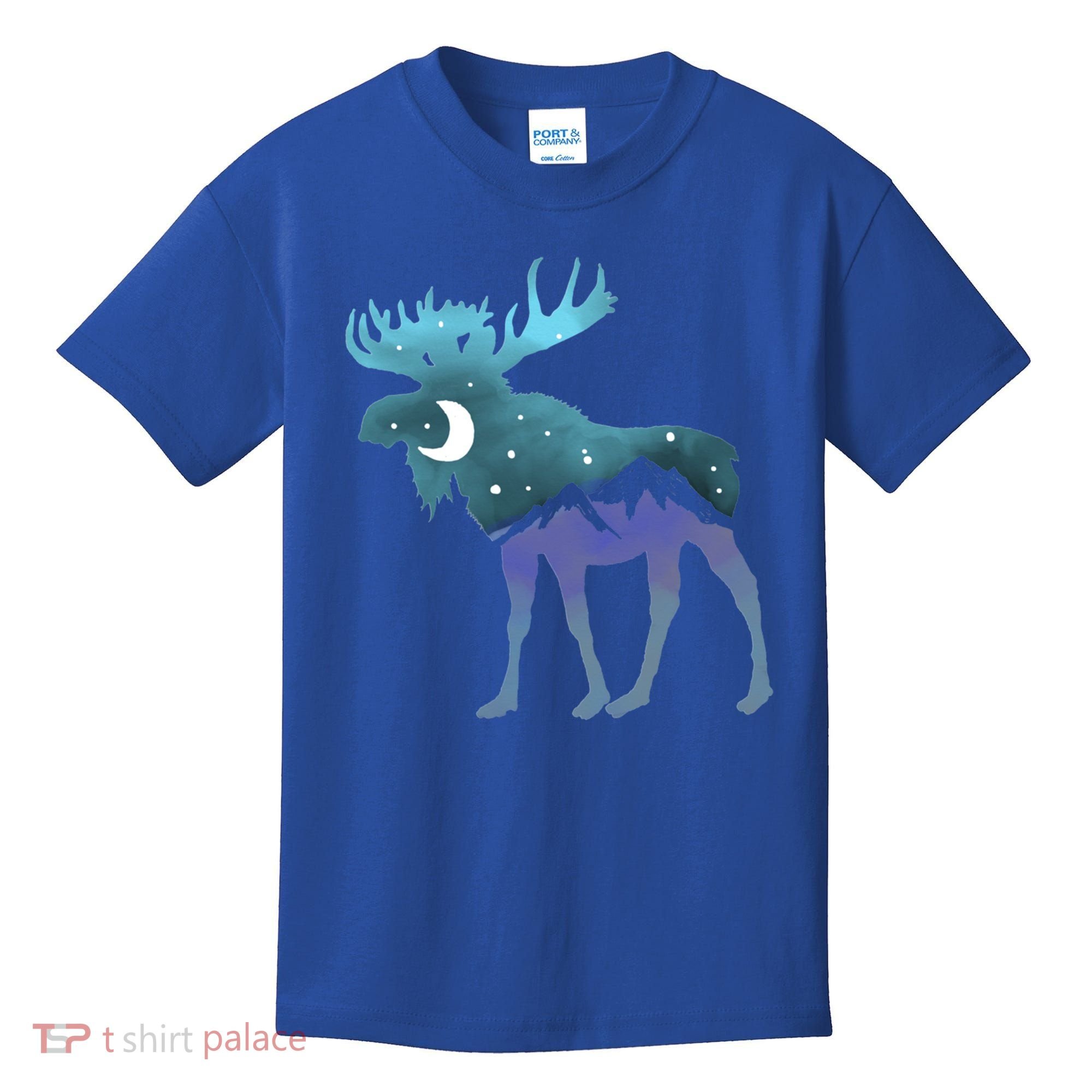 Artistic Moose Night Sky Moon And Stars Retro Graphic Cute Gift Kids T-Shirt