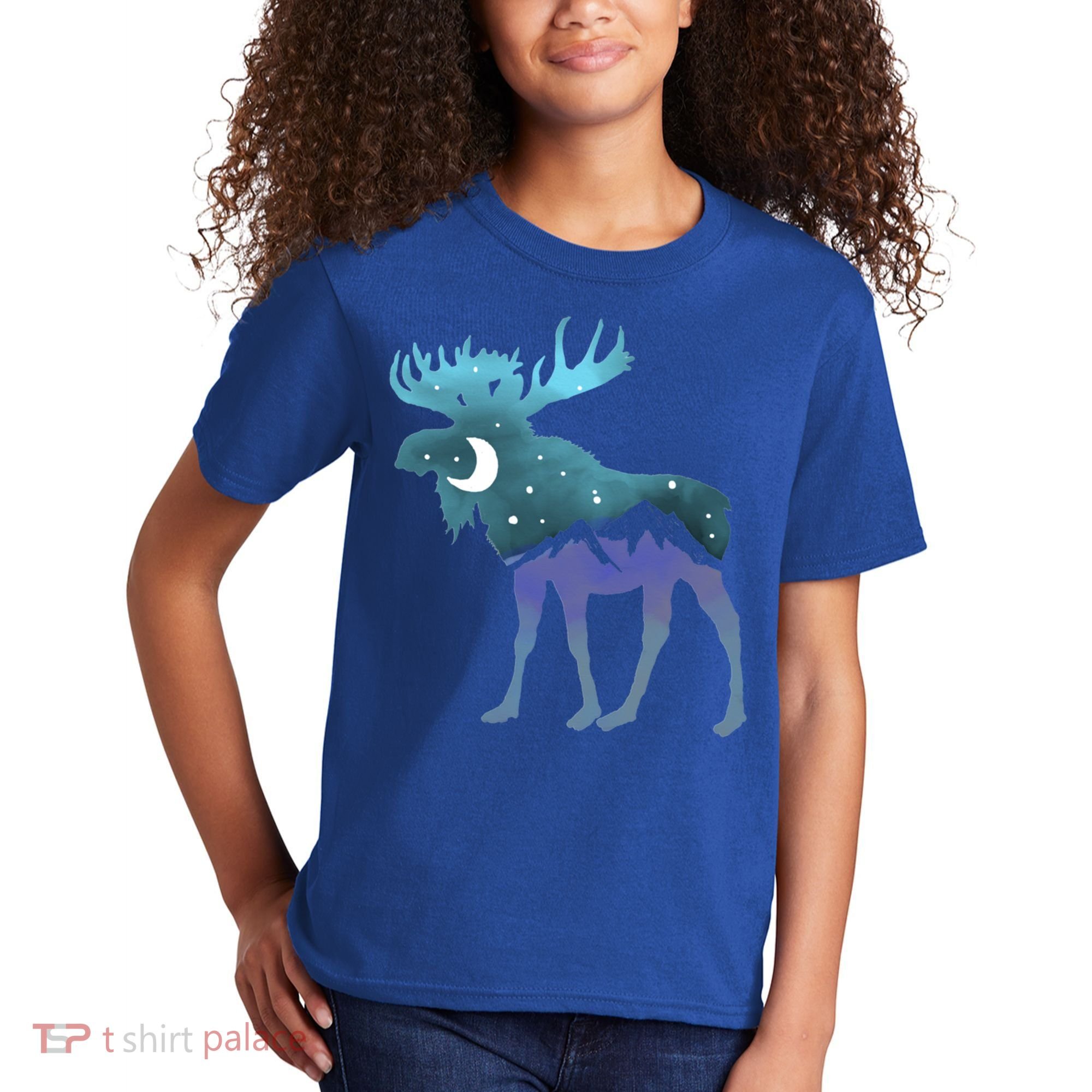 Artistic Moose Night Sky Moon And Stars Retro Graphic Cute Gift Kids T-Shirt