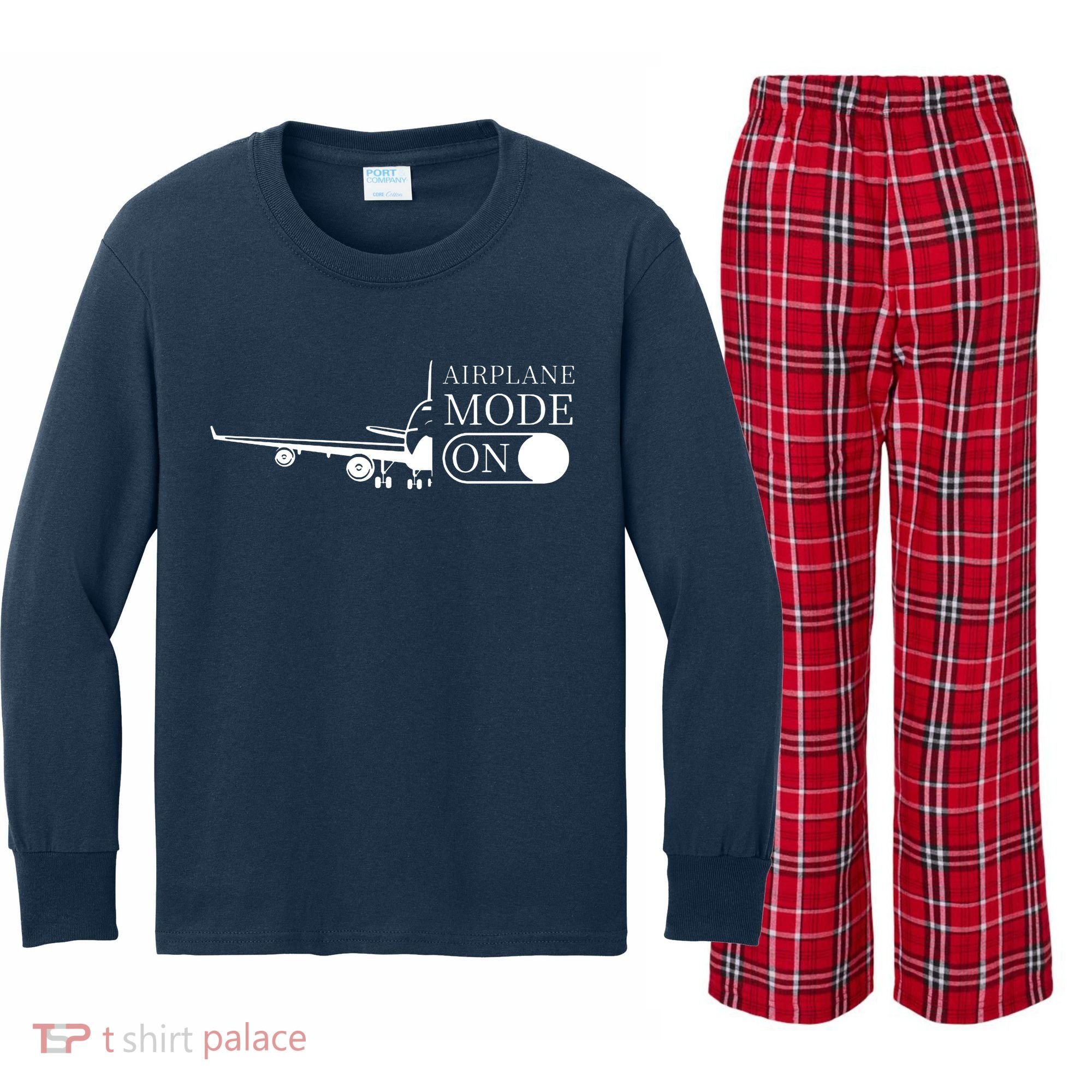 Airplane Mode On Kids Long Sleeve Plaid Pajama Set